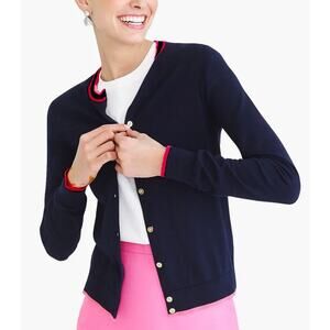 J. CREW TIPED CARYN CARDIGAN Navy W/red Trim SWEATER Size XS